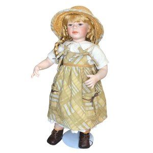 Kingstate Porcelain Doll Straw Hat Braids Blonde Brown Eyes 0012/3500 Collectibl